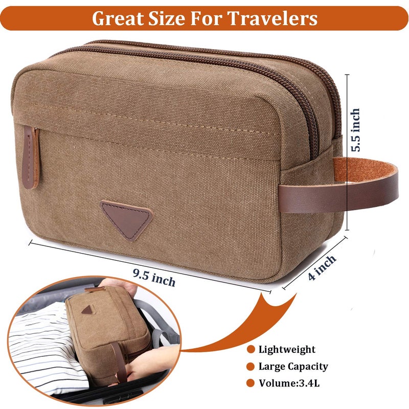 Mactso Mens Travel Toiletry Bag Canvas Leather Cosmetic Makeup Organizer Shaving Dopp Kits with Double Compartments (Coffee) - Image 3